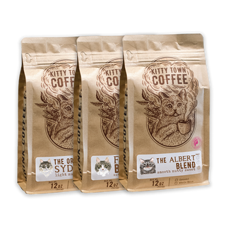 Three individual pouches of Kitty Town Coffee, featuring the 'Albert', 'Fezzik', and 'Sydney' coffee blends. Each pouch has an illustration of a cat and details of the coffee's origin and roast level.