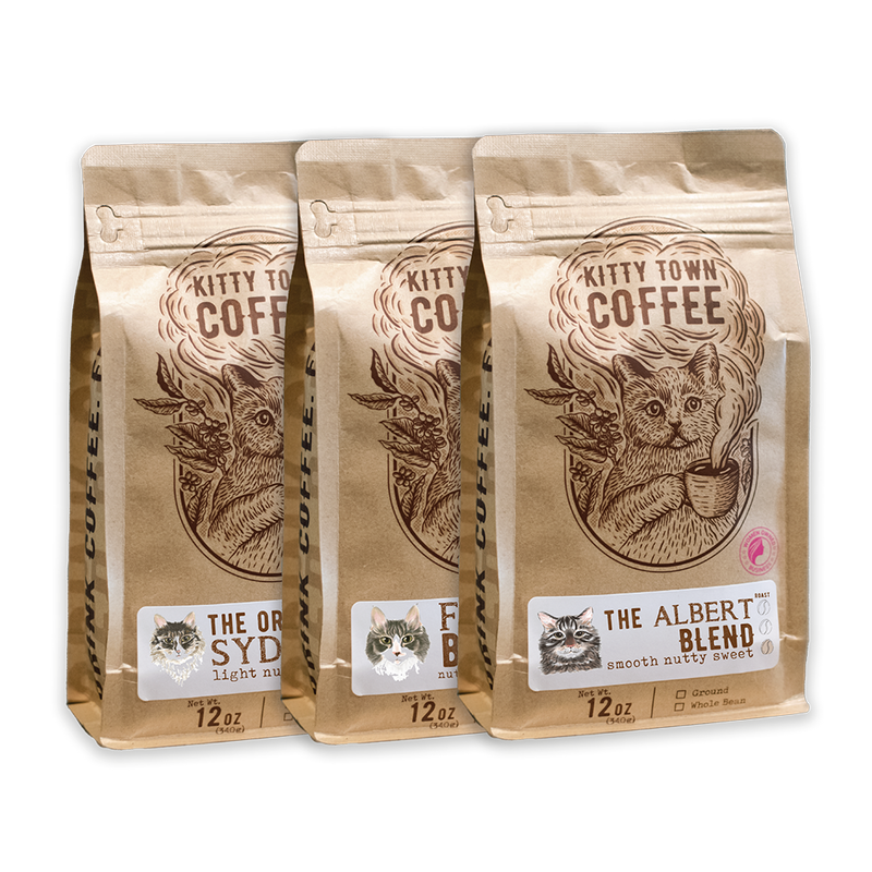 Three individual pouches of Kitty Town Coffee, featuring the 'Albert', 'Fezzik', and 'Sydney' coffee blends. Each pouch has an illustration of a cat and details of the coffee's origin and roast level.