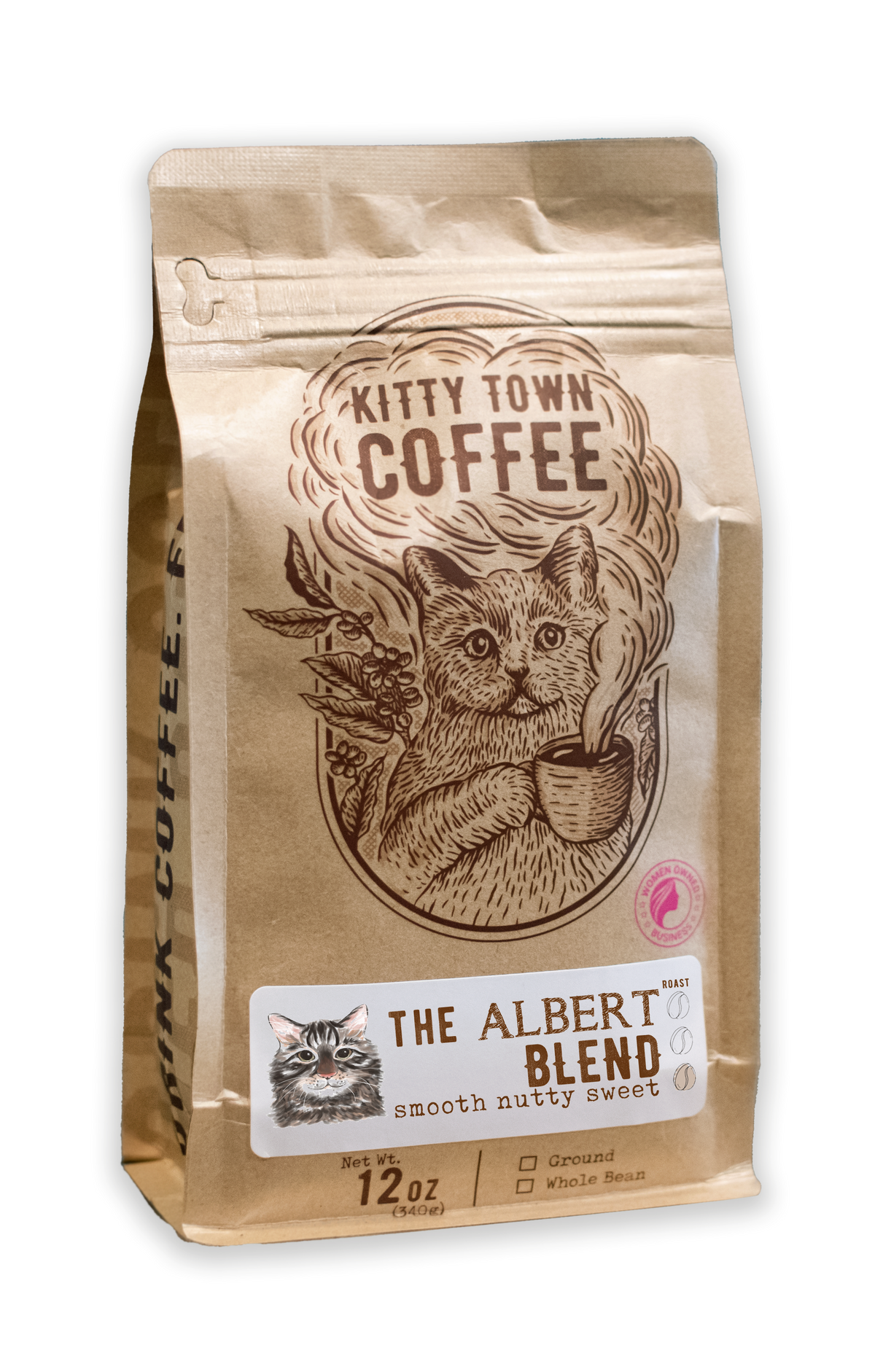 A 12oz bag of Kitty Town Coffee