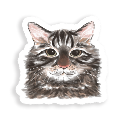 A sticker depicting a cat's face with detailed fur texture and realistic coloring.