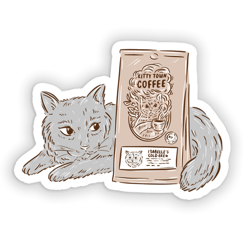 A sticker design featuring an illustration of a cat and a cold brew coffee package with the text 'Kitty Town Coffee'.