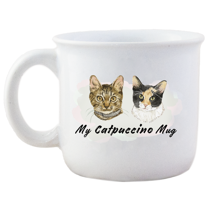 A white ceramic mug with two cats' images and the text 'My Catpuccino Mug'.