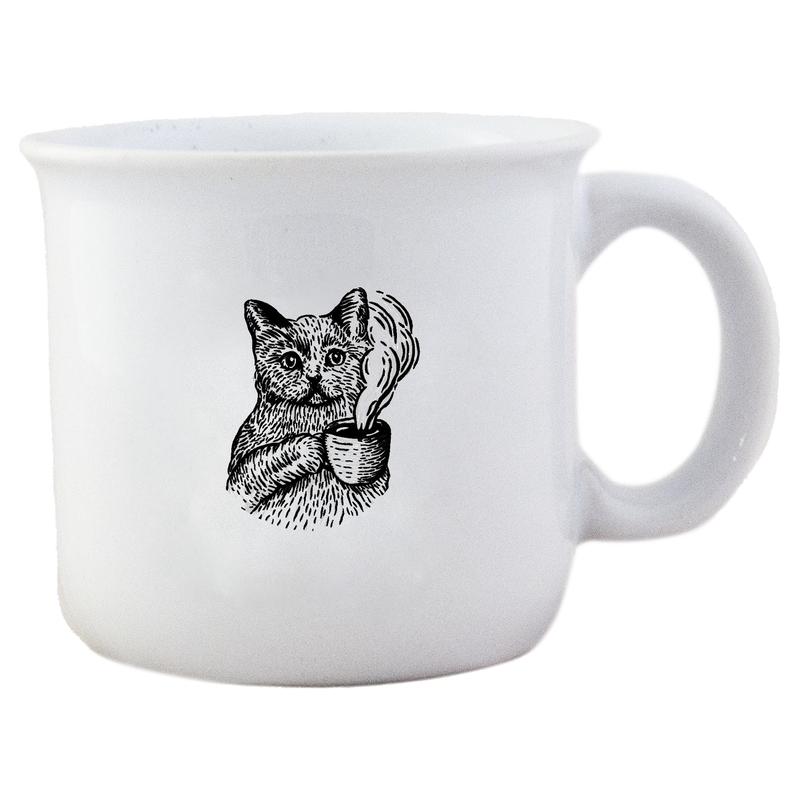 A white mug featuring a black and white Kitty Town Coffee logo