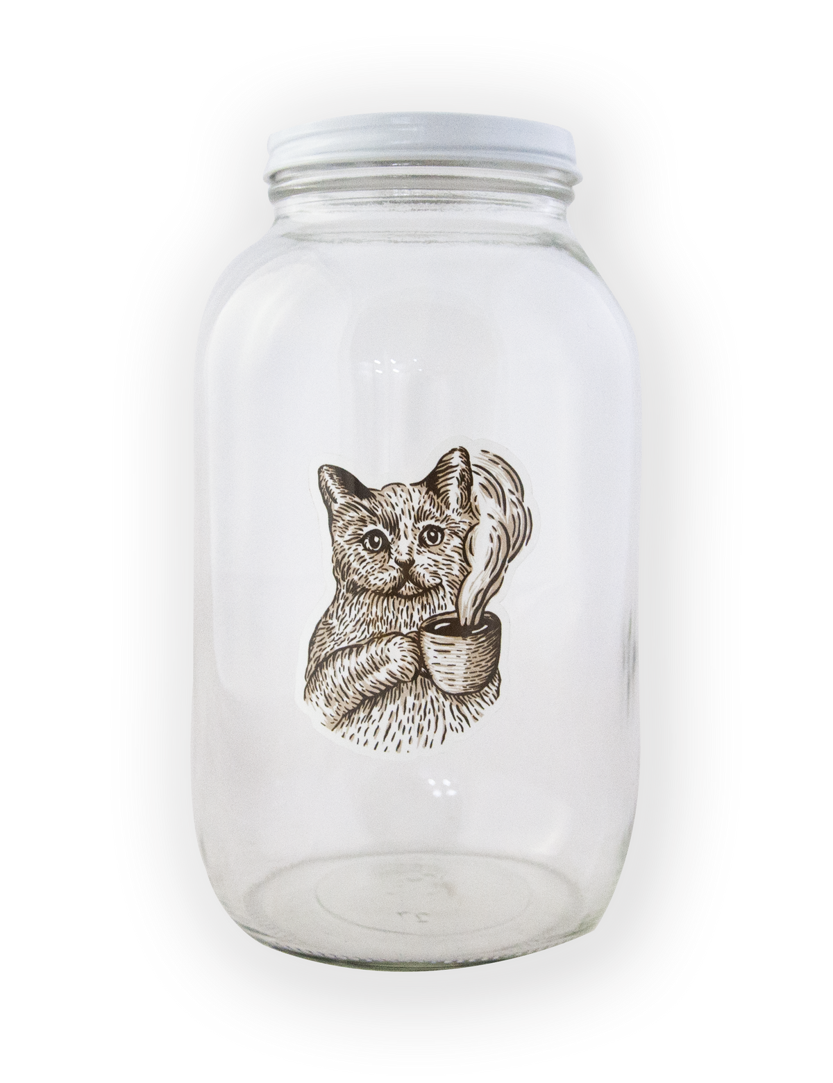 A 64oz clear jar with white screw top lid with a cat holding a cup of coffee image