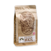 A packaged bag of Kitty Town Coffee's Fezzik Brazil medium roast coffee. The bag is brown with an illustration of a coffee bean and text.