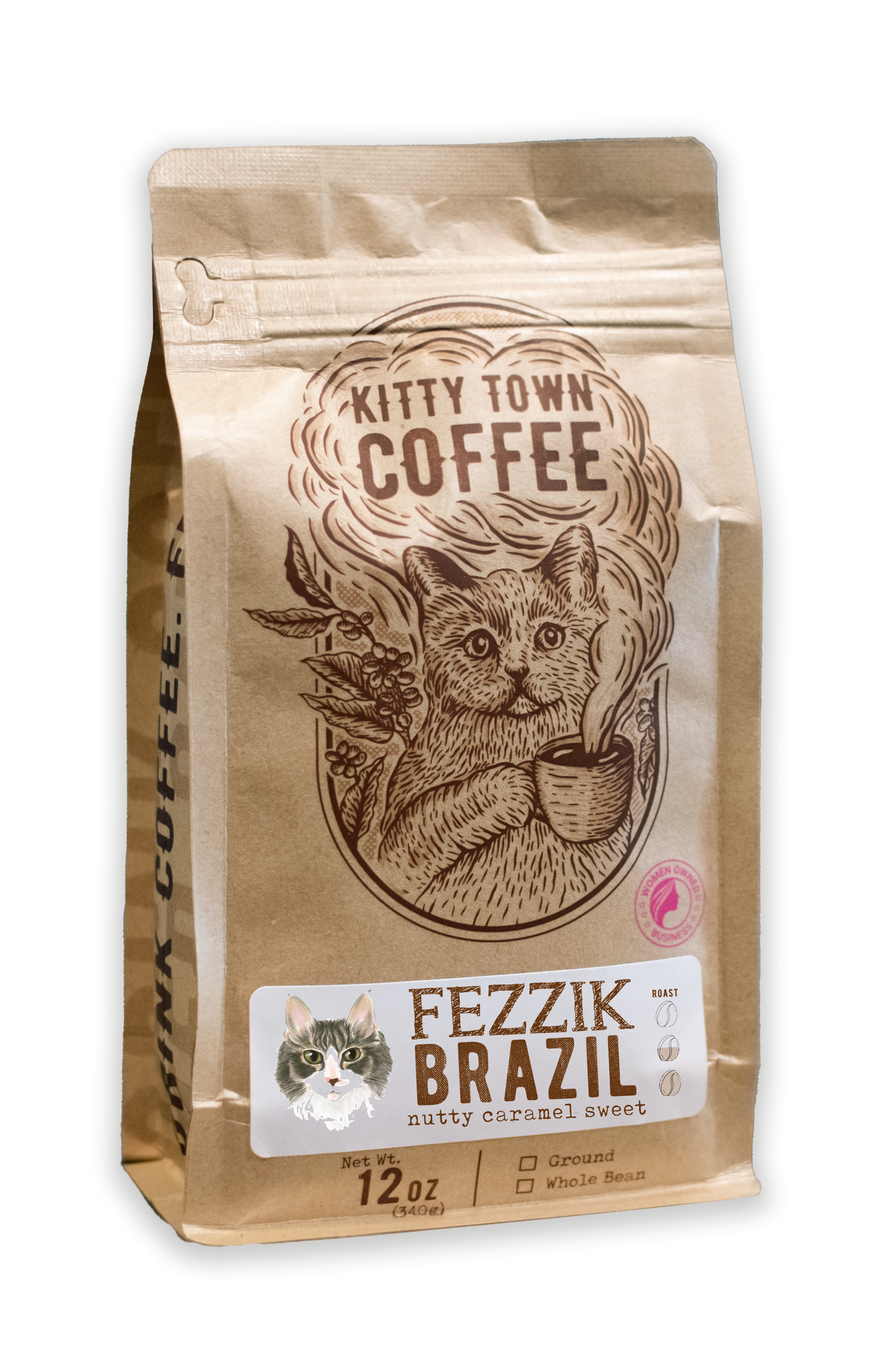 A 12oz bag of Kitty Town Coffee