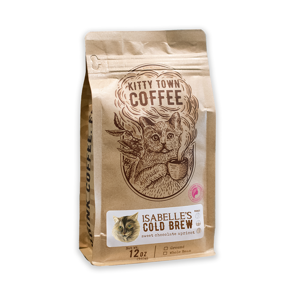 A packaged product labeled 'Kitty Town Coffee' with an illustration of a cat on the bag, specifically 'Isabelle's Cold Brew Blend'.