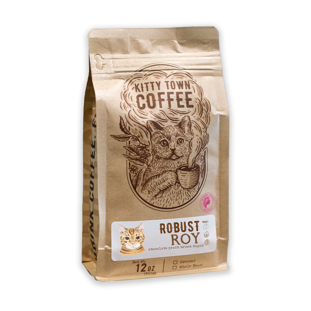 A package of Kitty Town Coffee's Robust Roy blend, featuring an illustration of a cat on the bag.