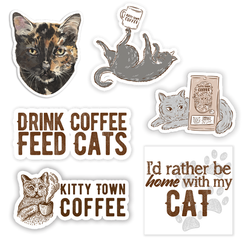 A collection of various stickers with cat-themed designs and text related to coffee.